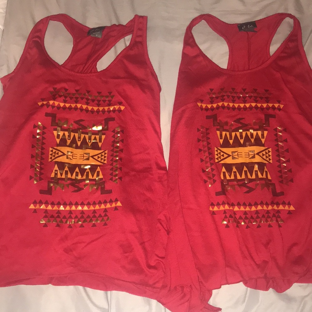 Two red asymmetrical tribal tank tops from dots